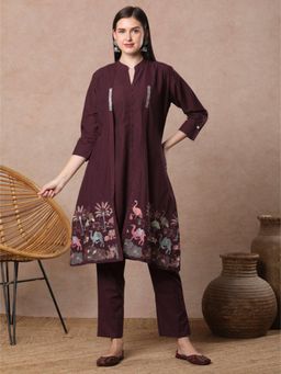 FASHOR - Burgundy Embroidered Mandarin Neck A-Line Kurta With Pant