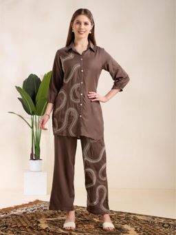 FASHOR - Charcoal Abstract Collar Neck Regular Kurti With Pant