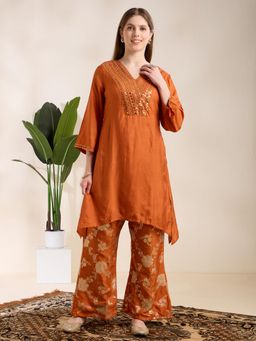 FASHOR - Orange Embroidered V-Neck Regular Kurta With Palazzo