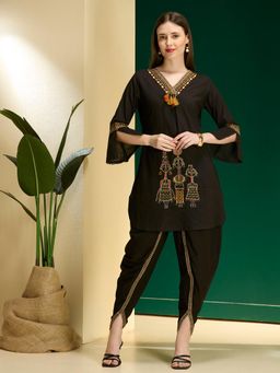 FASHOR - Black Embroidered V-Neck Regular Kurti With Dhoti