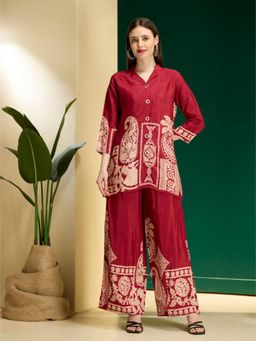 FASHOR - Maroon Floral Collar Neck A-Line Kurti With Palazzos