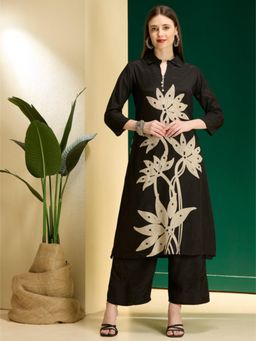 FASHOR - Black Printed Collar Neck A-Line Kurta With Palazzos