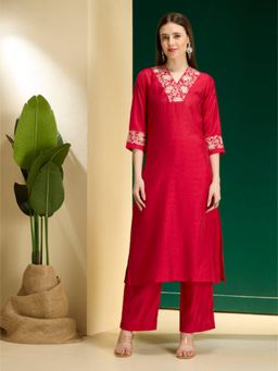 FASHOR - Pink Embroidered V-Neck Straight Kurta With Pant