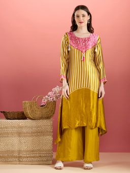 FASHOR - Mustard Stripes Round Neck Regular Kurta With Palazzo