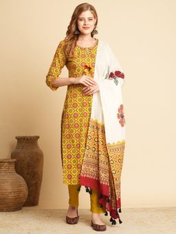 FASHOR - Mustard Floral Round Neck Regular Kurta Pant With Dupatta