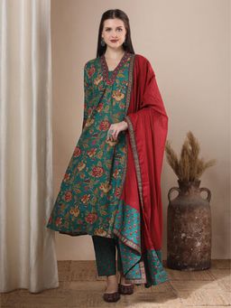 FASHOR - Green Floral V-Neck A-Line Kurta Pant With Dupatta