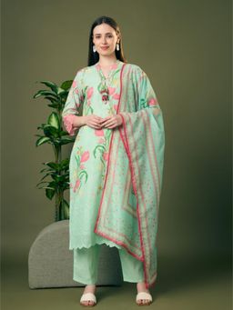 FASHOR - Green Floral V-Neck Straight Kurta Pant With Dupatta
