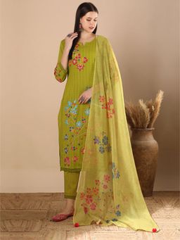 FASHOR - Green Floral Round Neck Straight Kurta Pant With Dupatta