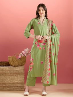 FASHOR - Green Floral V-Neck Regular Kurta Pant With Dupatta