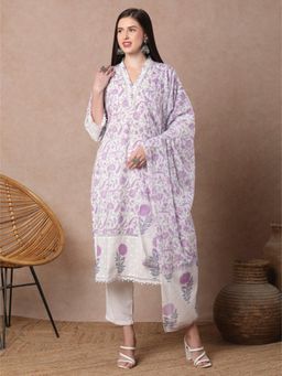 FASHOR - Purple Floral V-Neck Straight Kurta Pant With Dupatta