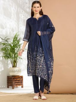 FASHOR - Navy Blue Embroidered Round Neck Regular Kurta Pant With Dupatta