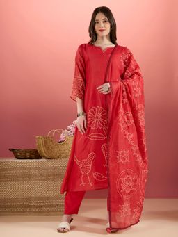 FASHOR - Red Embroidered Round Neck Regular Kurta Pant With Dupatta