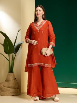 FASHOR - Rust Embroidered V-Neck Regular Kurta Sharara With Dupatta