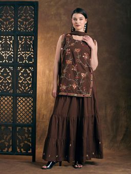 FASHOR - Brown Embroidered Round Neck Regular Kurta Skirt With Dupatta