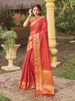 EXCLUSIVA - Red Organza Saree with Unstitched Blouse