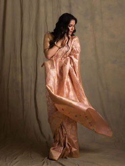 PRIYANKA RAAJIV - Rabhya Nude Pink Silk Brocade Banarasi Kadua Saree with Unstitched Blouse