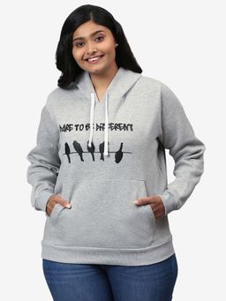 Instafab Plus - Size Women Printed Casual Hooded Sweatshirt Grey
