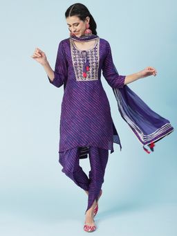 FASHOR - Leheriya Printed, Embroidered Straight Kurta with Dhoti and Dupatta - Purple (Set of 3)