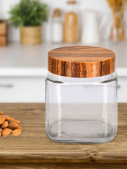 At Home by Nilkamal - Woody Square 1000ml Glass Jar|with Lid|Air tight|11.5 cm x 13 cm|Brown