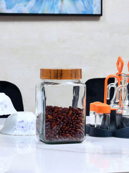 At Home by Nilkamal - Woody Square 1500ml Glass Jar|with Lid|Air tight|12 cm x 16.7 cm|Brown