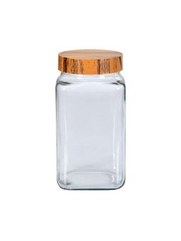 At Home by Nilkamal - Woody Square 1500ml Glass Jar|with Lid|Air tight|11.5 cm x 21.6 cm|Brown