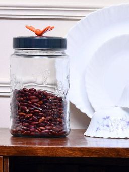 At Home by Nilkamal - Butterfly 1500ml Glass Jar|with Lid|11.6 x 20 cm|Black & Orange