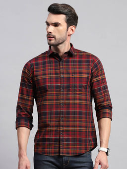 Monte Carlo - Mens Maroon Checkered Collared Neck Full Sleeve Regular Fit Casual Shirt