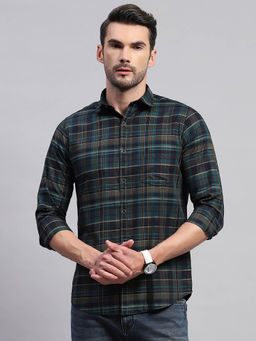 Monte Carlo - Mens Green Checkered Collared Neck Full Sleeve Regular Fit Casual Shirt