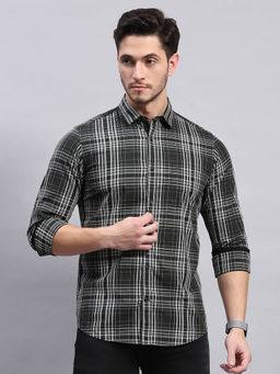 Monte Carlo - Mens Olive Checkered Collared Neck Full Sleeve Casual Shirt