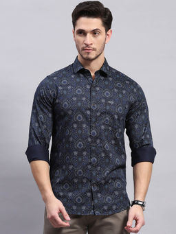 Monte Carlo - Mens Navy Blue Printed Collared Neck Full Sleeve Casual Shirt