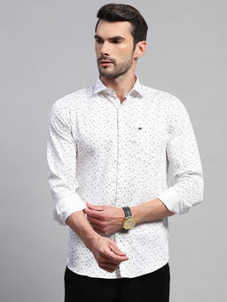 Monte Carlo - Mens White Printed Collared Neck Full Sleeve Slim Fit Casual Shirt