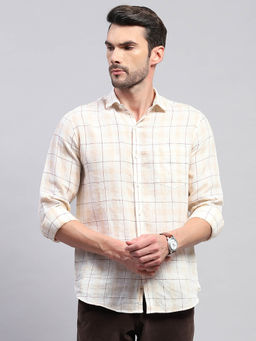 Monte Carlo - Mens Beige Checkered Collared Neck Full Sleeve Regular Fit Casual Shirt