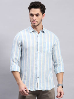 Monte Carlo - Mens Blue Striped Collared Neck Full Sleeve Casual Shirt