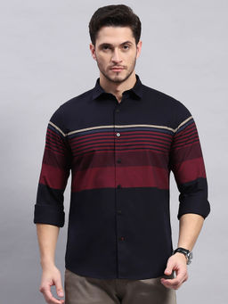 Monte Carlo - Mens Navy Blue Striped Collared Neck Full Sleeve Casual Shirt