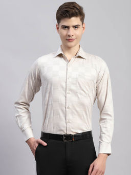 Monte Carlo - Mens Checkered Beige Collared Neck Full Sleeve Regular Fit Casual Shirt