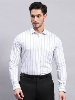 Monte Carlo - Mens White Striped Collared Neck Full Sleeve Formal Shirt