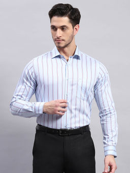 Monte Carlo - Mens Sky Blue Striped Collared Neck Full Sleeve Formal Shirt