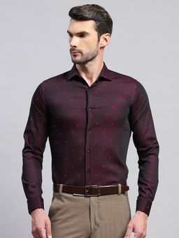 Monte Carlo - Mens Wine Printed Collared Neck Full Sleeve Slim Fit Casual Shirt