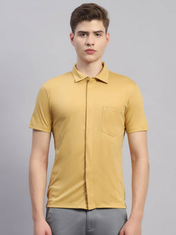 Monte Carlo - Mens Solid Mustard Collared Neck Half Sleeve Regular Fit Casual Shirt
