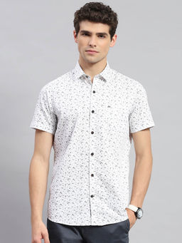Monte Carlo - Mens Off White Printed Collared Neck Half Sleeve Slim Fit Casual Shirt