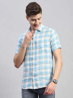 Monte Carlo - Mens Checkered Blue Collared Neck Half Sleeve Regular Fit Casual Shirt