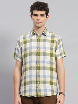 Monte Carlo - Mens Olive Checkered Collared Neck Half Sleeve Casual Shirt