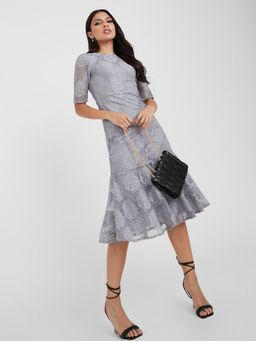 Styli - Grey Short Sleeves Lace Insert Frill Hem Midi Dress