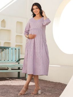 Janasya - Womens Lavender Pure Cotton Floral Printed A-Line Maternity Dress