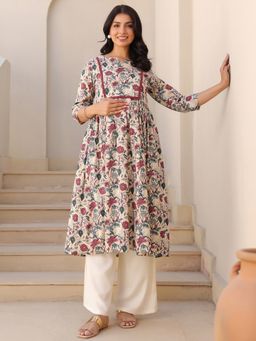 Janasya - Womens Cream Pure Cotton Floral Printed Gathered Maternity Kurta