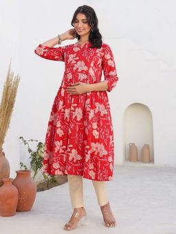 Janasya - Womens Red Pure Cotton Floral Printed A-Line Maternity Kurta