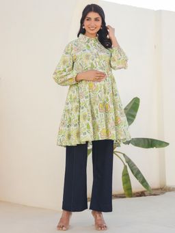 Janasya - Womens Green Pure Cotton Floral Printed Tiered Maternity Tunic