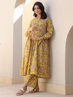 Janasya - Womens Mustard Pure Cotton Floral Printed A-Line Maternity Kurta Pant (Set of 2)