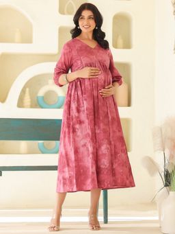 Janasya - Womens Pink Pure Cotton Tie and Dye A-Line Maternity Dress