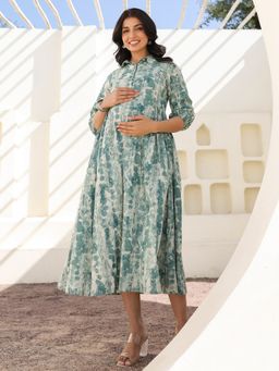Janasya - Womens Sage Green Pure Cotton Tie-Dye A-Line Maternity Dress